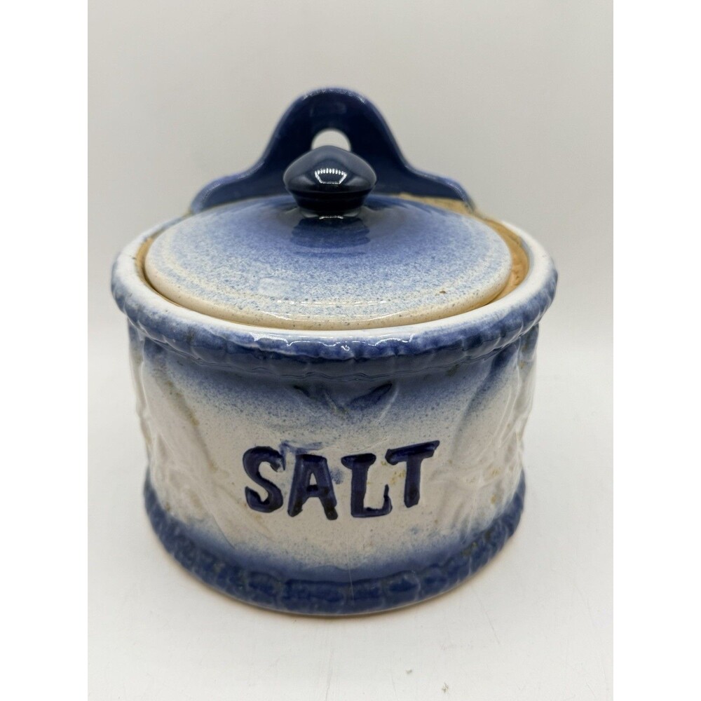 Antique Blue White Stoneware Crock Salt Box With Lid Bird Relief Wall Hanging